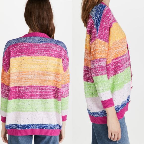 Olivia Rubin Mika Cardigan Sweater in Multicolor Stripe Silver Sequin Size Large - Picture 3 of 14